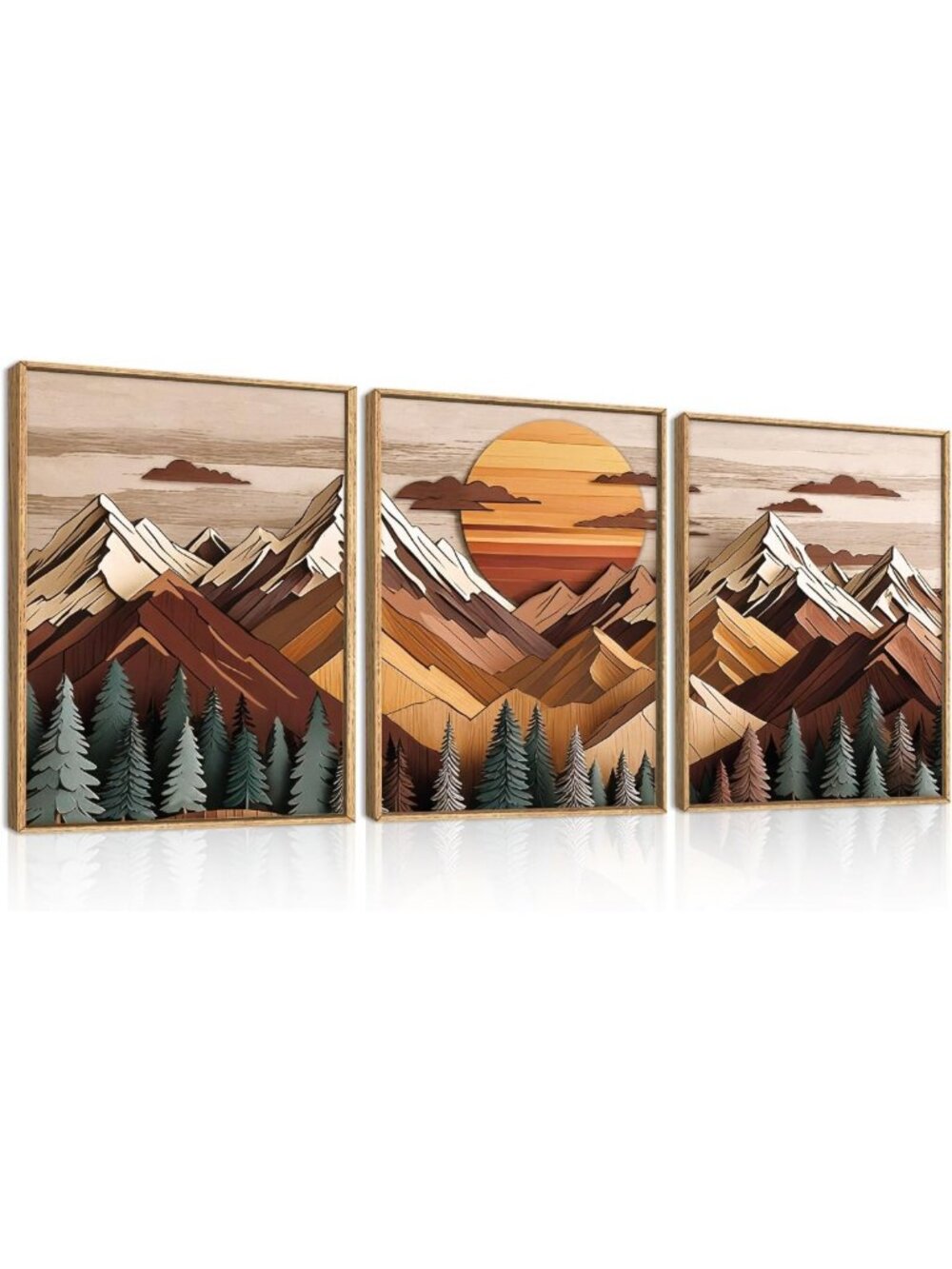 Mountain Landscape Framed Canvas Wall Art Set - Rustic Woodcut Decor, 12"x16"x3